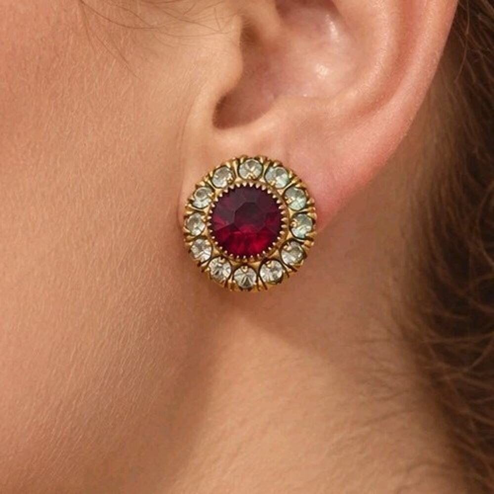 Vintage Red Glass Rhinestone Halo Screwback Earrings Gold Tone Round Studs MCM